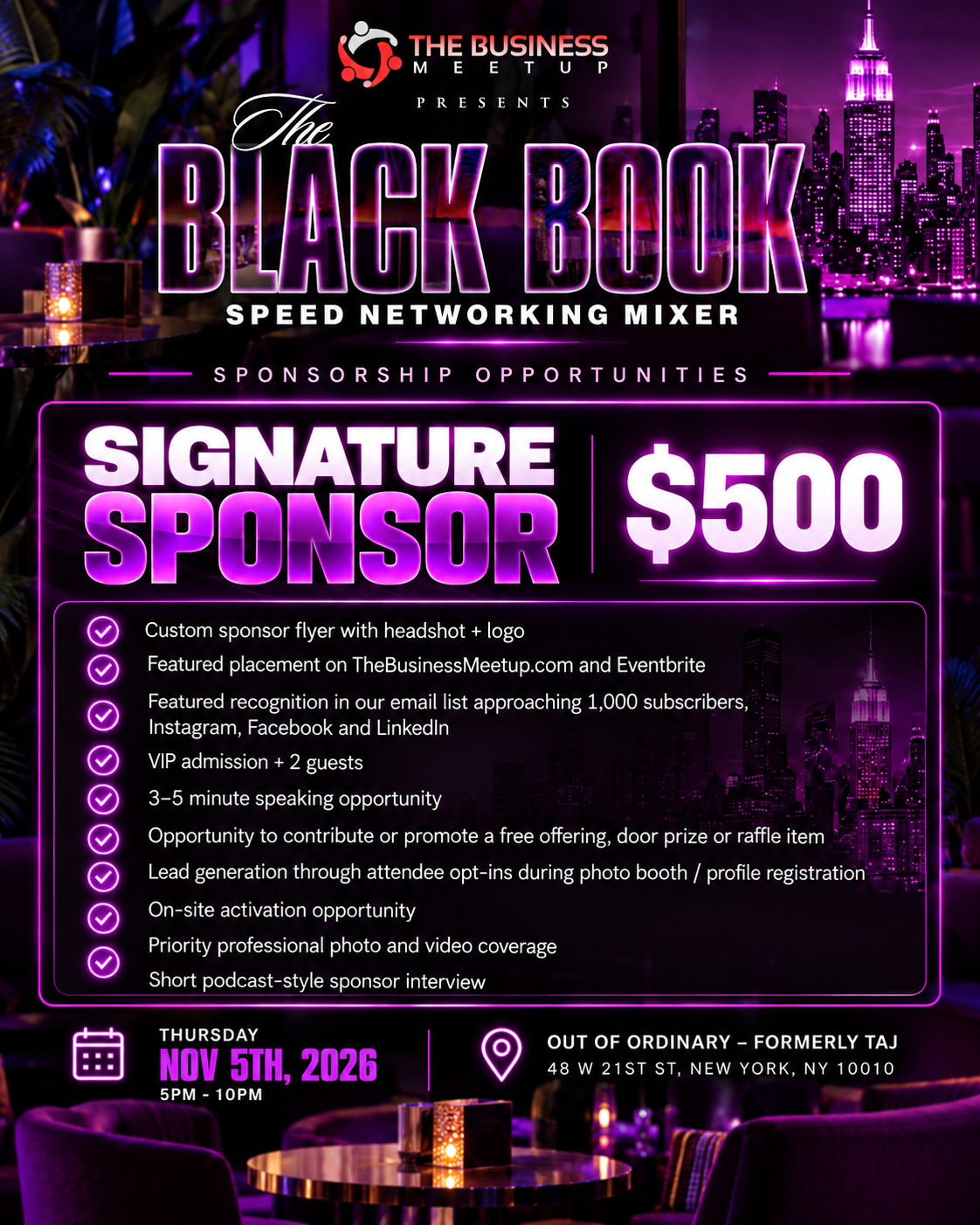 Signature Sponsor $500 official sponsorship flyer for The Black Book of NYC