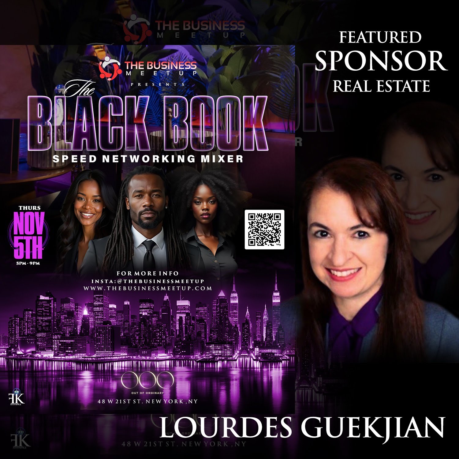 Featured Sponsor: Lourdes Guekjian official flyer for The Black Book of NYC Speed Networking Mixer