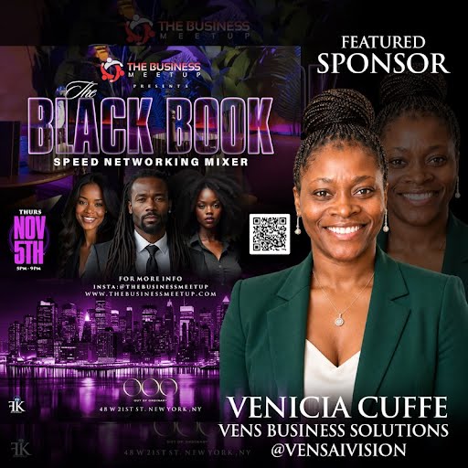 Featured Sponsor: Venicia Cuffe official flyer for The Black Book of NYC Speed Networking Mixer