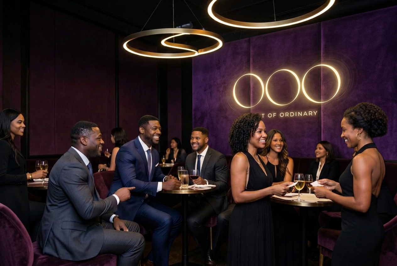 Black professionals networking beneath the illuminated OOO logo at Out of Ordinary